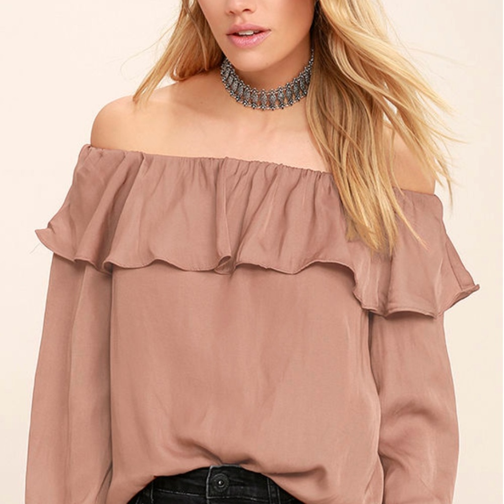 Off the shoulder flounce ruffle neck silk like top